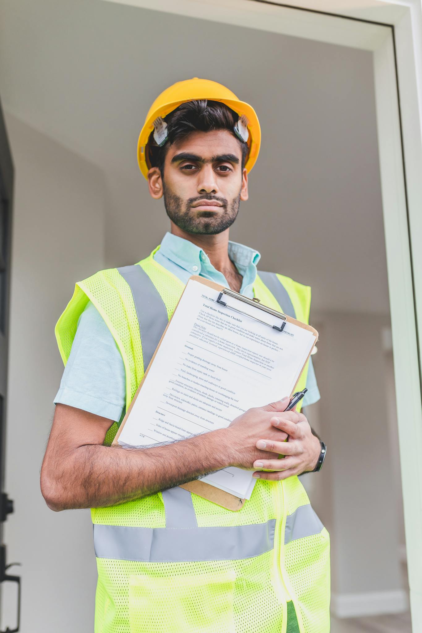 A construction worker in a hard hat and vest holding a clipboard indoors.