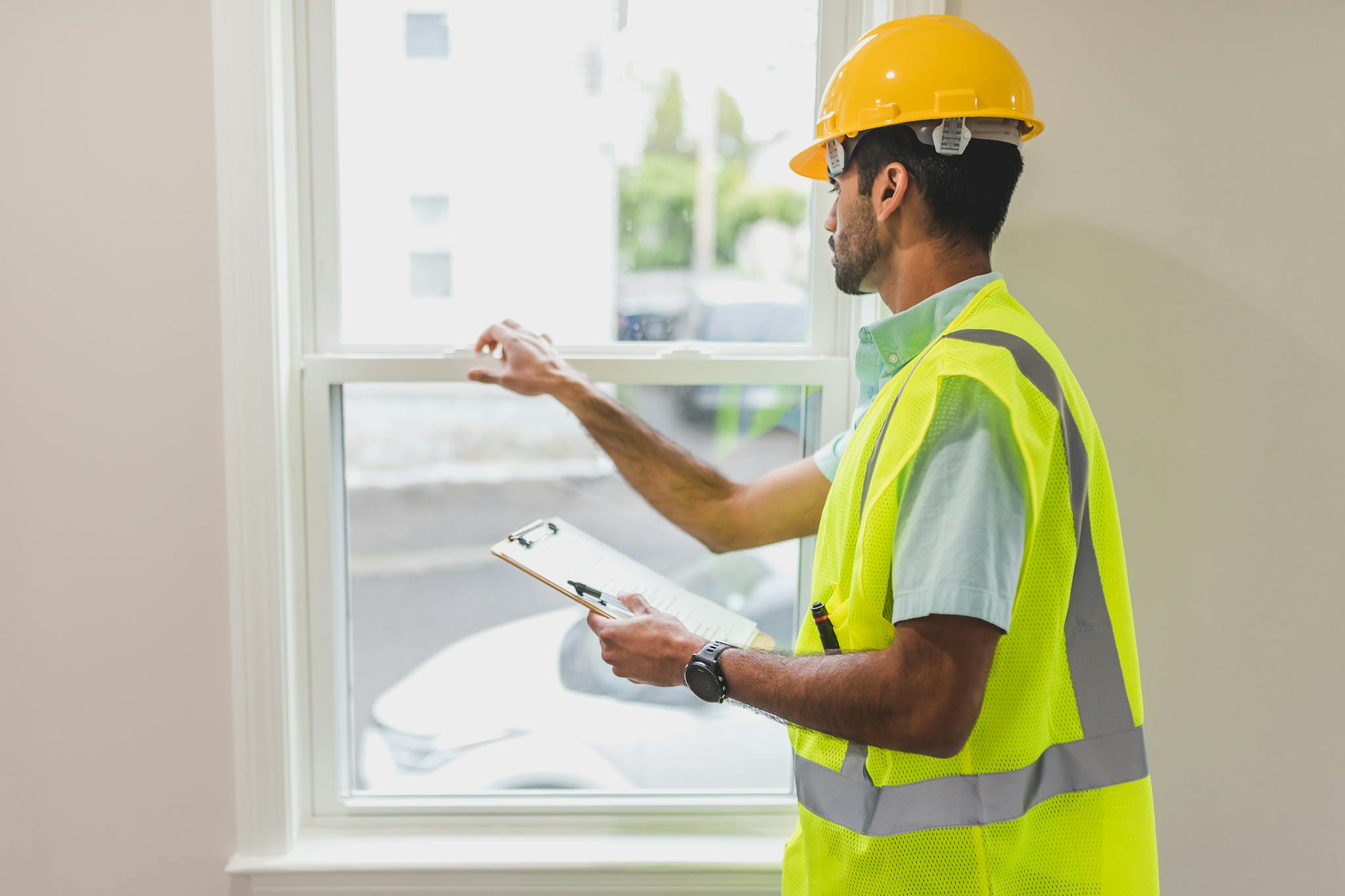 A construction worker in a safety vest and hard hat inspects a window indoors, holding a clipboard.